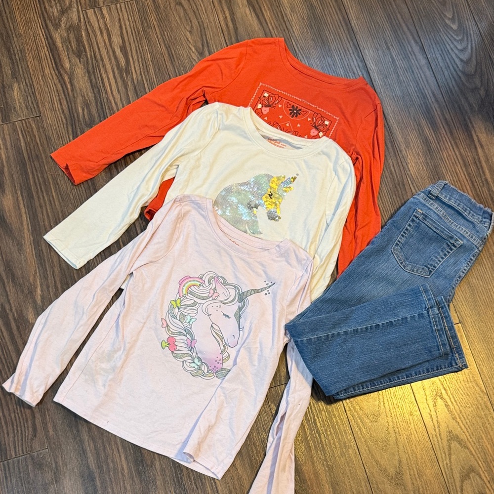 Kids Long Sleeve Unicorn and Elephant Tops - Pink and Cream